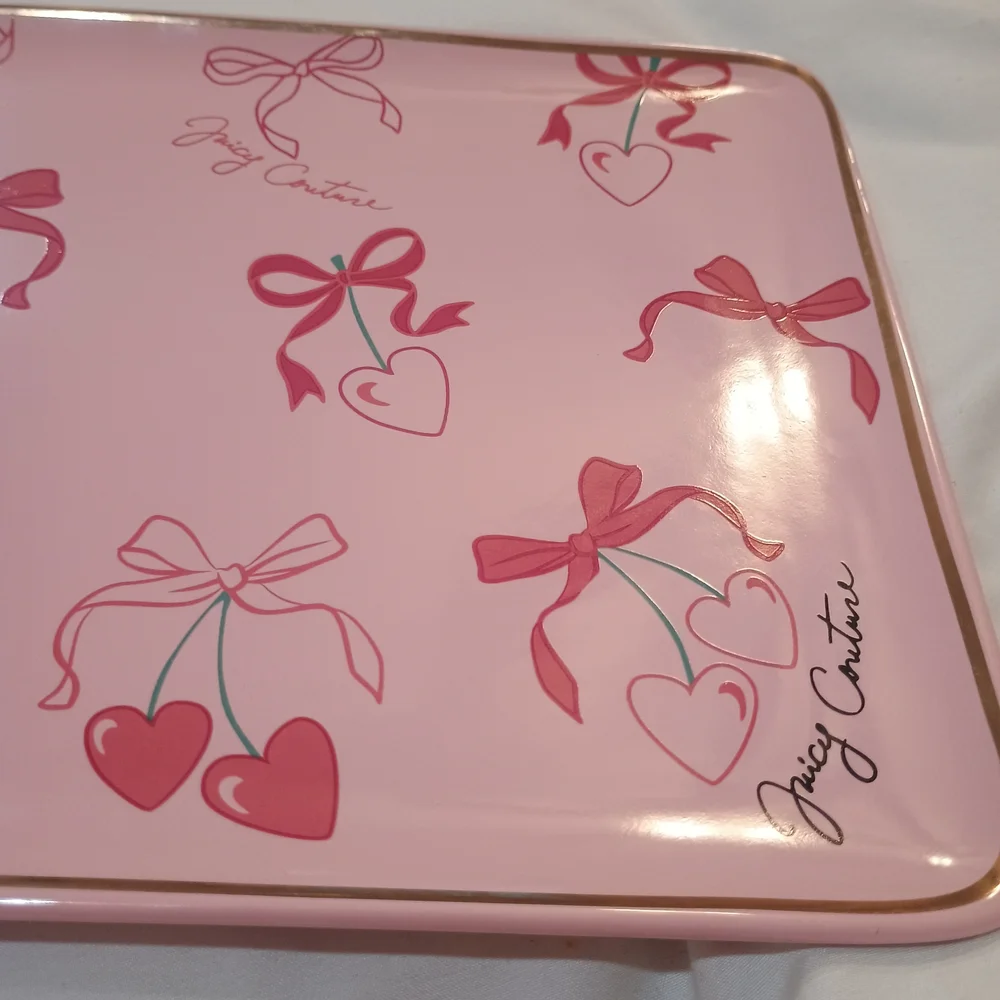 New Juicy Couture Bow/Heart Print Pink Trinket Tray With Gold Rim
